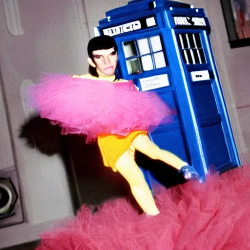 Image similar to color photo of spock in a tutu exiting the tardis