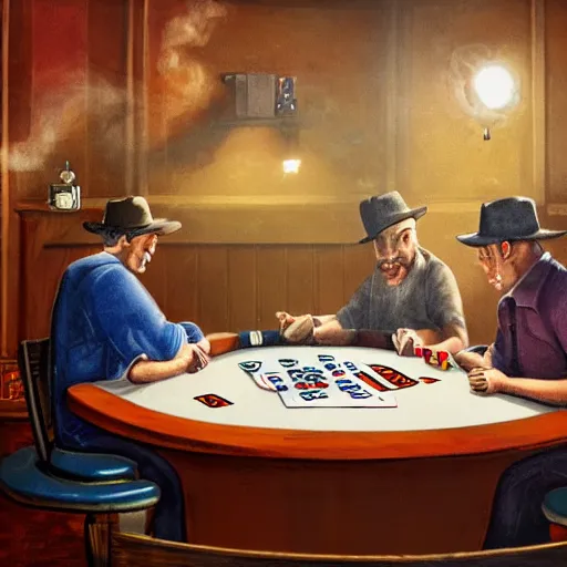 Image similar to amongus playing poker in a smokey barroom