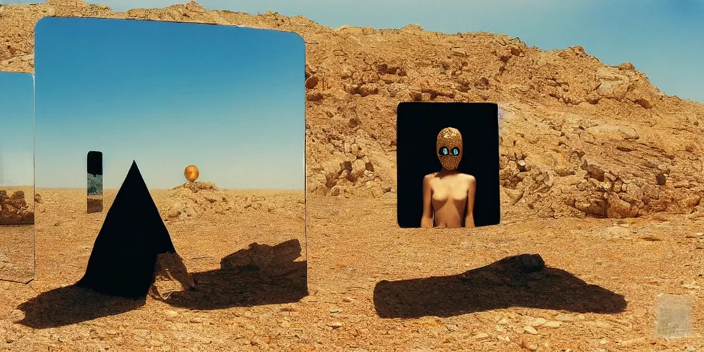 Image similar to levitating woman with full - face golden mask in a dry rocky desert landscape, visible sky and sunny atmosphere, fata morgana and giant square fractal mirrors by alejandro jodorowsky, anamorphic lens, kodakchrome, practical effects, award winning photo, masterpiece, 8 k