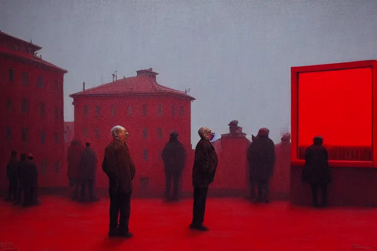 Image similar to only with red, a red old man try to sell a portrait, crowd cheering, in a city square, in the style of beksinski, parts by edward hopper, parts by rodcenko, parts by yue minjun, intricate and epic composition, red by caravaggio, insanely quality, highly detailed, masterpiece, red light, artstation, 4 k