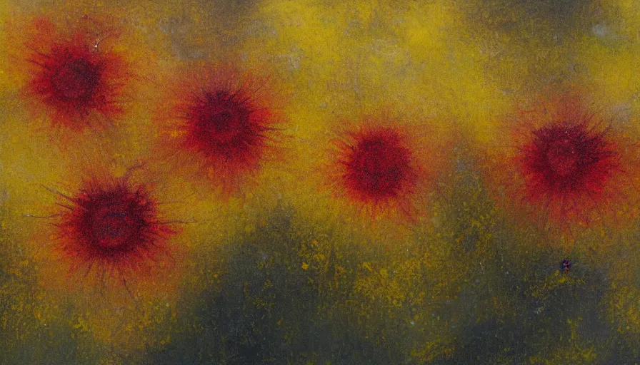Image similar to black resin flowers, yellow earth, red sky, impressionism