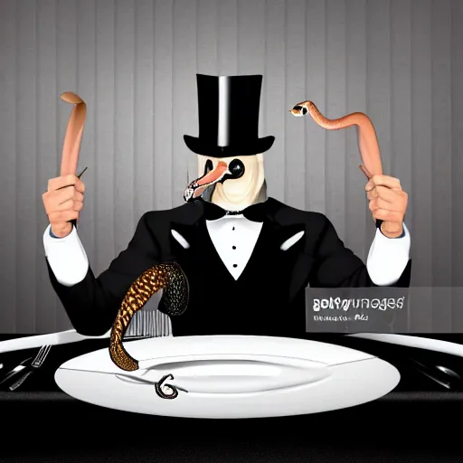 Image similar to antropomorphic elegant snake in a suit and top hat, attending a wordly dinner