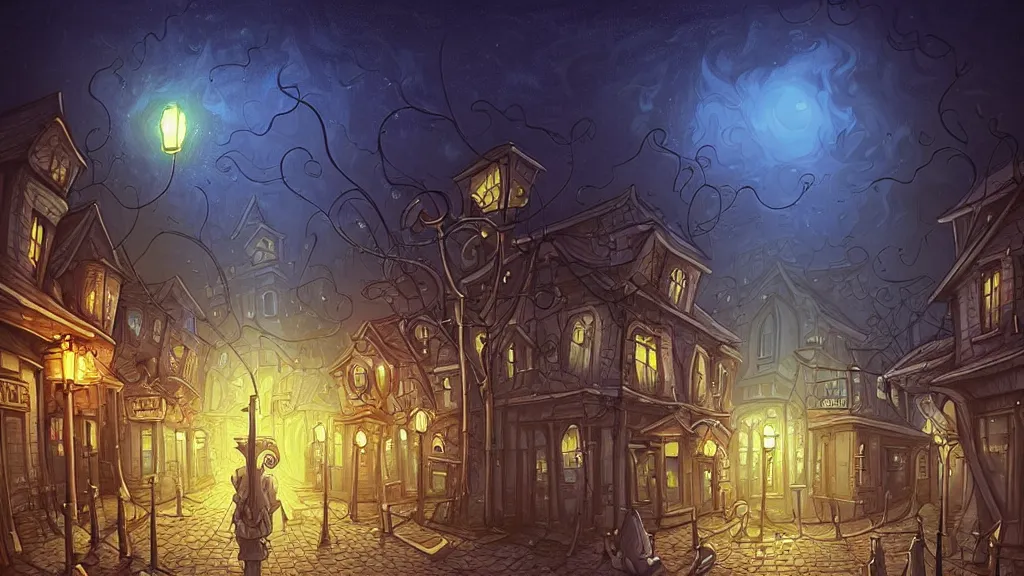 Image similar to street view of lovecraftian town square surrounded by houses in lovecraftian city at night by cyril rolando and naomi okubo and dan mumford and ricardo bofill. lovecraft. cobbled streets. oil lamp posts. lovecraftian statues.