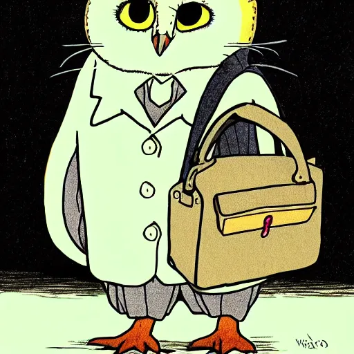 Prompt: barn owl in a black suit wearing an office bag going to the office,drawn by Hayao Miyazaki and Beatrix Potter, highly detailed,anime, anime shot,anime colours, inspired by My Neighbor Totoro 1988,cell shading