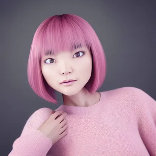 Prompt: 3 d render of a cute thin petite chinese young woman with light pink hair, long hair, with full bangs, small round face, small upturned nose, porcelain skin tone, red blush, wearing casual sweater, small smile, warm pink living room, medium shot, octane render, 8 k, hyperrealism, trending on artstation, unreal engine 5,