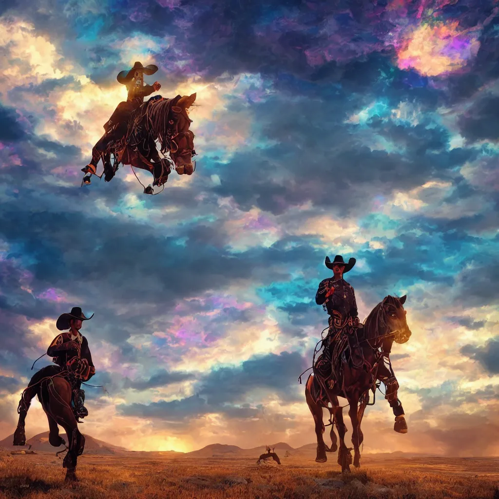 Image similar to octane render by laurie greasley and asher brown durand and jason edmiston, a cowboy wearing a full - body iridescent suit and cowboy hat inside a scenic western landscape with colorful clouds, cinema 4 d, 8 k, volumetric lighting and shadows