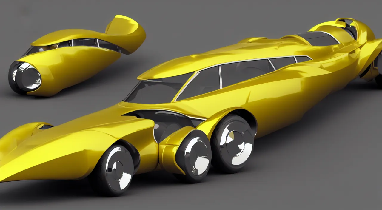 Image similar to 3d vray render of a futuristic art deco car from a 60s sci-fi movie dramatic yellow lighting syd mead channah yata