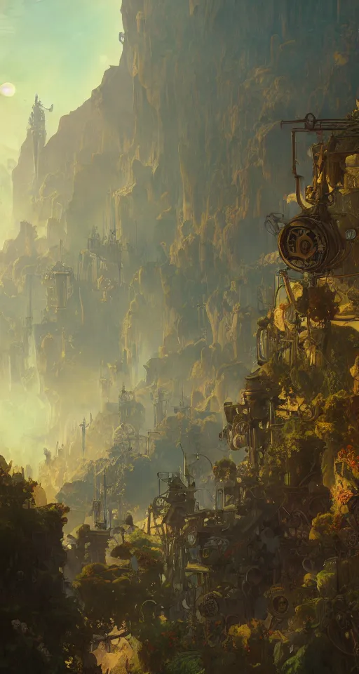 Image similar to a beautiful landscape painting of steampunk landscape, by alfons maria mucha and julie dillon and makoto shinkai, trending on artstation, octane render