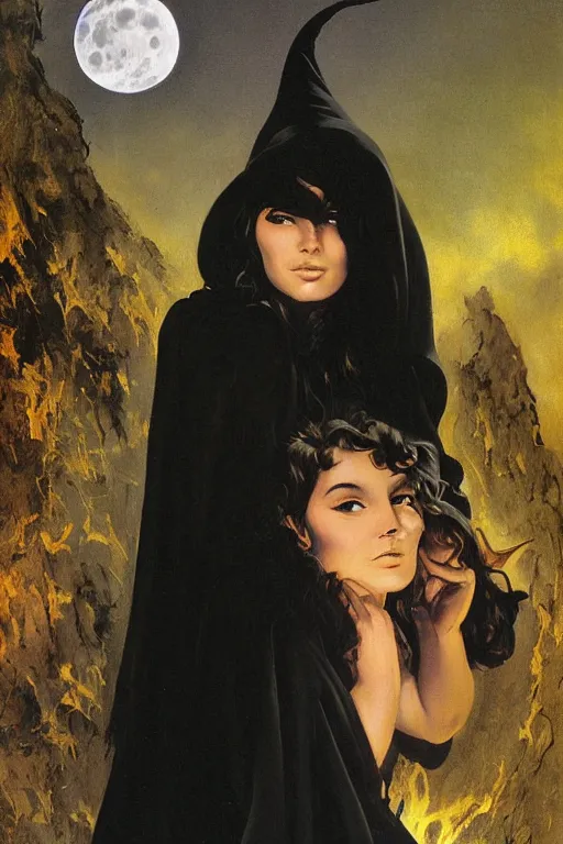 Image similar to portrait of a young witch in a black robe sitting on the ground next to a fire, full moon in the sky overhead, detailed face, highly detailed, by frank frazetta and boris vallejo