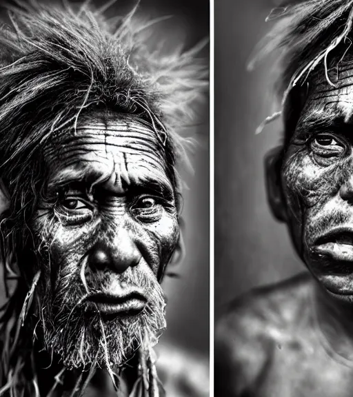 Image similar to Award winning reportage photo of Tuvalu Natives with incredible insane hair and beautiful hyper-detailed eyes wearing traditional garb by Lee Jeffries, 85mm ND 5, perfect lighting, gelatin silver process