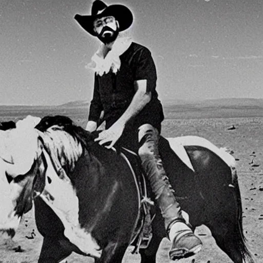 Image similar to anton lavey wearing a cowboy hat, riding a horse on the moon