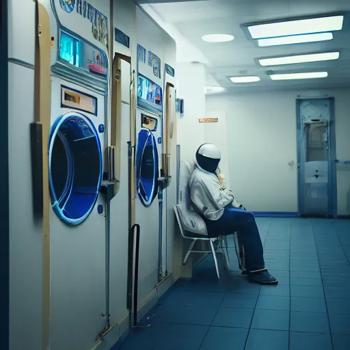 Image similar to a beautiful photo of an astronaut waiting in a laundromat, soft light, morning light, photorealistic, realistic, octane, 8k, cinematic shot