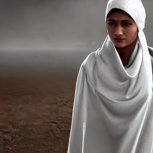 Image similar to a nepali wearing a white shawl, gloomy, bloody, octane render, unreal engine