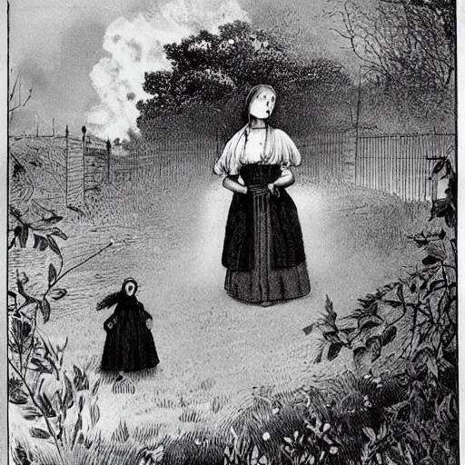 Prompt: an english garden is in flames. there is destruction. a victorian girl stands still. folk horror