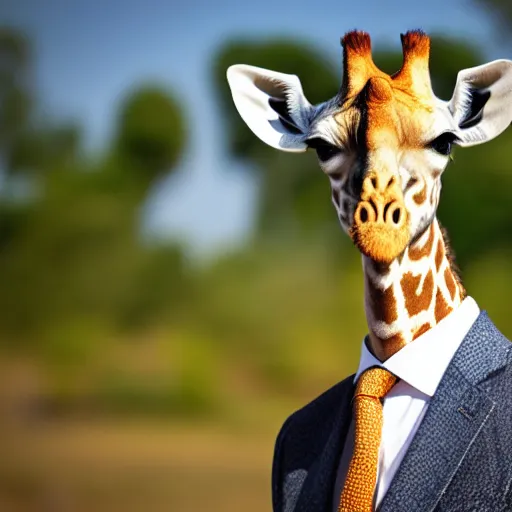 Prompt: giraffe wearing a suit and tie, ready for a meeting, close outdoors business portrait