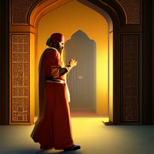 Image similar to sideview of a mughal emperor walking through a mystical door leading to another dimension, fantasy, artstation detailed digital art