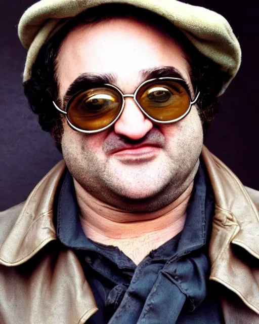 Image similar to headshot of a crazed john belushi smoking a cigar, he is wearing a leather bomber cap on his head, he has on aviator goggles, he is also wearing an a 2 flight jacket, a long white wool scarf is wrapped around his neck, he has a 5 o'clock shadow