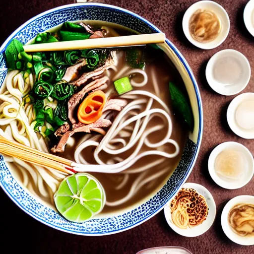 Image similar to flatlay realistic photo of delicious pho, ramen, highly detailed, natural light, 8 k hd, award winning, food photography, 3 5 mm,