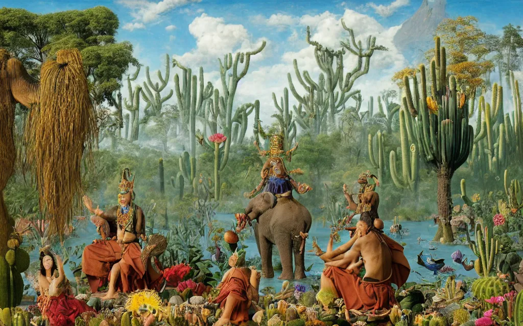 Prompt: a portrait photograph of a meditating elephant shaman and a elephant prince feeding tropical animals at a wide river delta. surrounded by bulbous flowers, animals, trees and cacti. mountain range under a vast blue sky of burning stars. painted by jan van eyck, max ernst, ernst haeckel and artgerm, cgsociety, artstation, fashion editorial