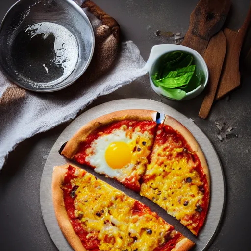 Prompt: pizza with beans and raw egg yolk, food photography