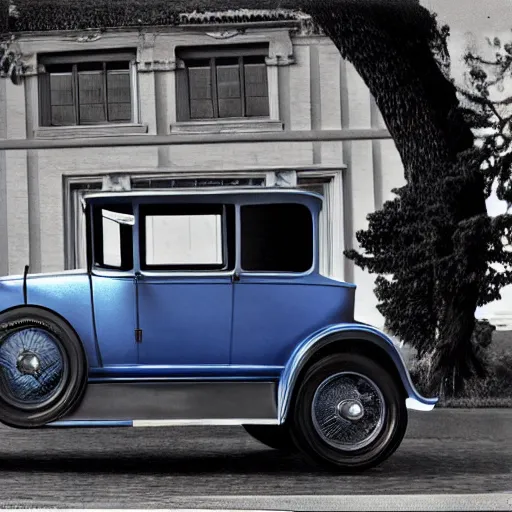 Prompt: a typical american blue car from the year 1 9 2 5, photography, hyperrealistic