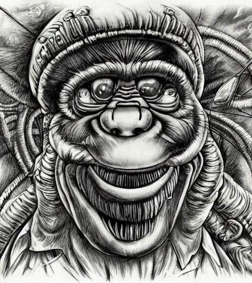 Prompt: lovecraftian donkey kong by wayne barlow, stanley donwood, anton semenov, zdzislaw bekinski, hr giger, 8 k, fantasy, dark, highly detailed