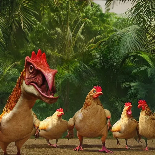 Prompt: jurassic park but with chickens, 4 k, movie still, realistic, photorealistic, lifelike, ultra, 4 k, hd, 8 k