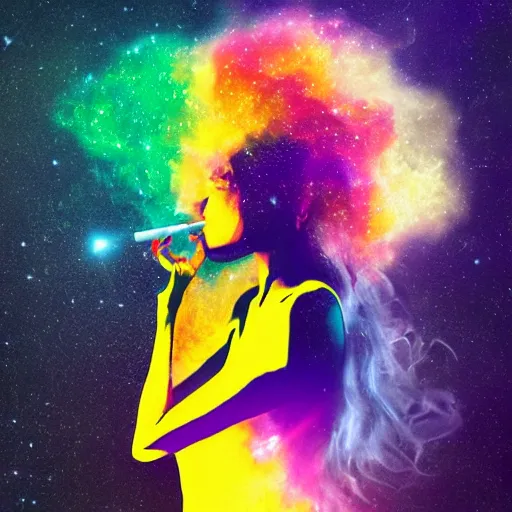 Prompt: rainbow cosmic woman with a cigarette