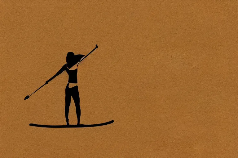 Image similar to beautiful serene person on a paddle board sup, healing through motion, life, minimalistic golden and ink airbrush painting on white background