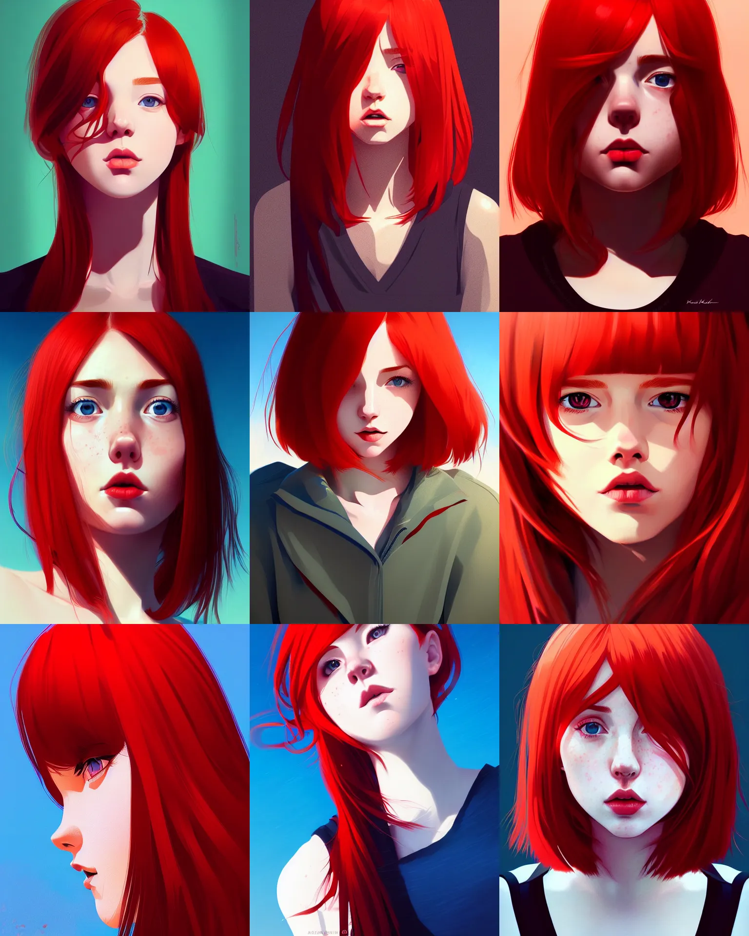 Prompt: a detailed portrait of an adorable!!!! woman with red hair and freckles by ilya kuvshinov, digital art, dramatic lighting, dramatic angle