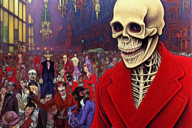 Image similar to realistic detailed closeup portrait painting of a single skeleton wearing red velvet blazer in a crowded futuristic moscow street by Jean Delville, Amano, Yves Tanguy, Alphonse Mucha, Ernst Haeckel, Edward Robert Hughes, Roger Dean, rich moody colours, blue eyes