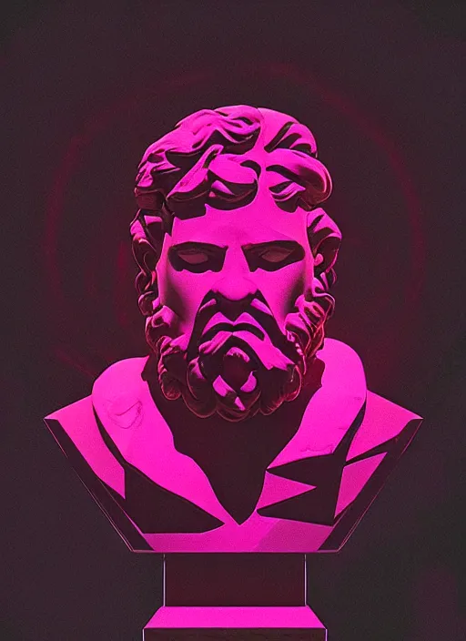 Prompt: bust of hercules, beeple, mike mignola, vaporwave, retrowave, black background, neon wiring, black, glitch, strong contrast, cuts, pinterest, trending on artstation