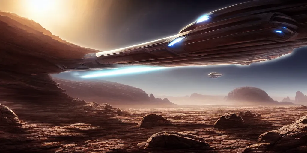 Image similar to giant tubular spaceship flying over rocky desert surface of planet, day, ultra high definition, ultra detailed, symmetry, god rays, sci - fi, dark fantasy, by paul chadeisson and denis villeneuve