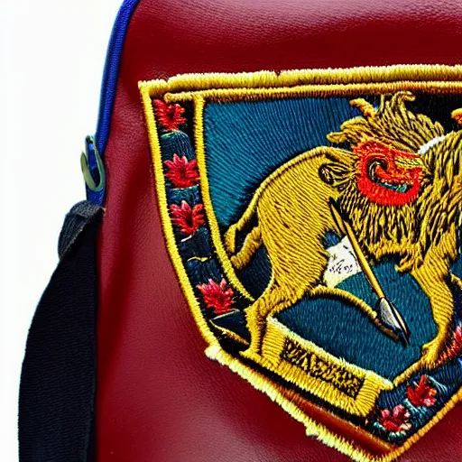 Image similar to closeup photo of a colorful embroidered patch of the coat - of - arms of the house of watanka from hogwarts which has the theme of a buffalo. the patch is sewn onto a leather school - bag.