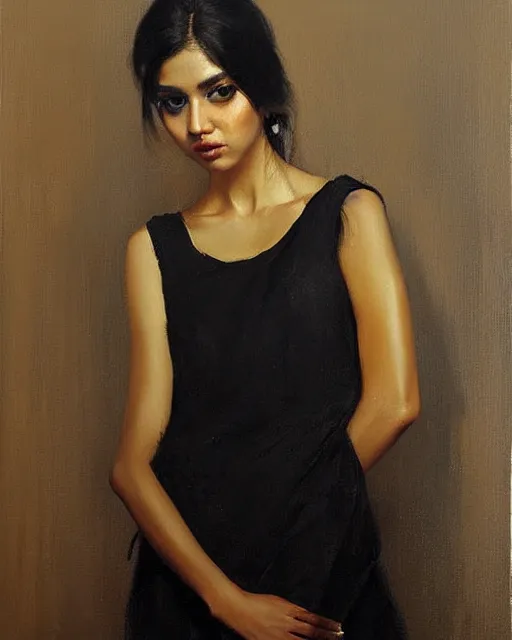 Image similar to beautiful portrait painting an gorgeous delhi girl wearing a little black dress, oil painting, art by ruan jia