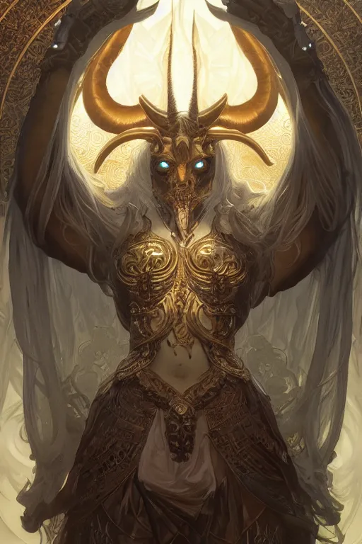 Prompt: ultra realistic illustration, baphomet from diablo and baldurs gate, intricate, elegant, highly detailed, digital painting, artstation, concept art, smooth, sharp focus, illustration, art by artgerm and greg rutkowski and alphonse mucha