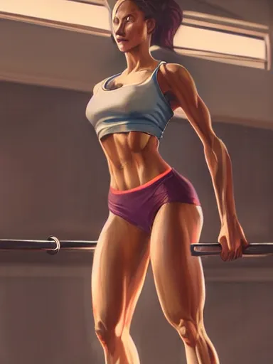 Prompt: a beautiful woman working out in the gym. intricate, elegant, highly detailed, digital painting, artstation, cinematic shot, concept art, sharp focus, illustration, by justin gerard and artgerm, 8 k