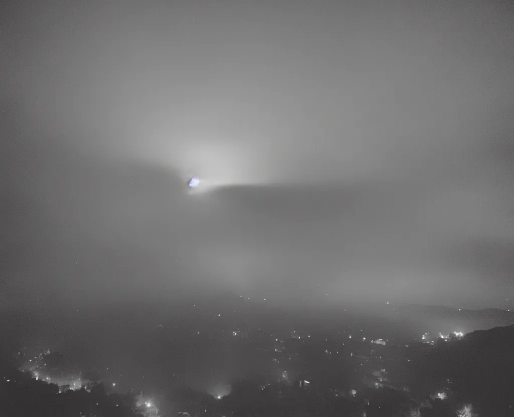 Image similar to 3 5 mm film of explosion in the sky, view from a korean traditional village, camera pans upwards, 4 k, night, fog