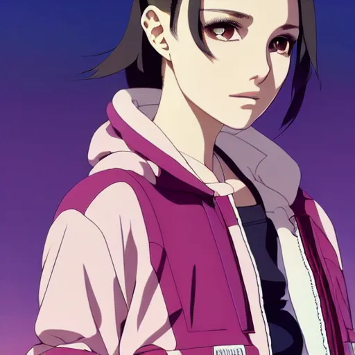 Image similar to a beautiful natalie portman as an anime boy gravure model, wearing oversized mayan bomber jacket and leotard with overalls, bulky poofy bomber jacket with mayan patterns, aztec street fashion, gapmoe yandere grimdark, trending on pixiv fanbox, painted by greg rutkowski makoto shinkai takashi takeuchi studio ghibli, akihiko yoshida