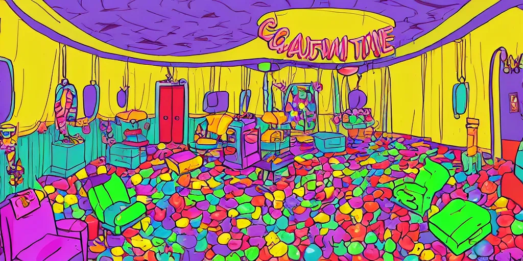 Prompt: a dimly lit, colorful, theater dressing room, made of candy, day of the tentacle style, drawn by Peter Chan