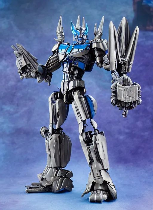 Prompt: Transformers Decepticon skeletor action figure from Transformers: Kingdom, symmetrical details, by Hasbro, Takaratomy, tfwiki.net photography, product photography, official media