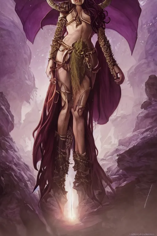 Image similar to Tiefling Druid with horns, light leather armor, nature, tree staff, long horns ,demon tail light-brown skin, dark purple hair, and silver eyes full body, dungeons and dragons portrait, highly detailed, digital painting, artstation, concept art, sharp focus, illustration, art by artgerm and greg rutkowski and alphonse mucha