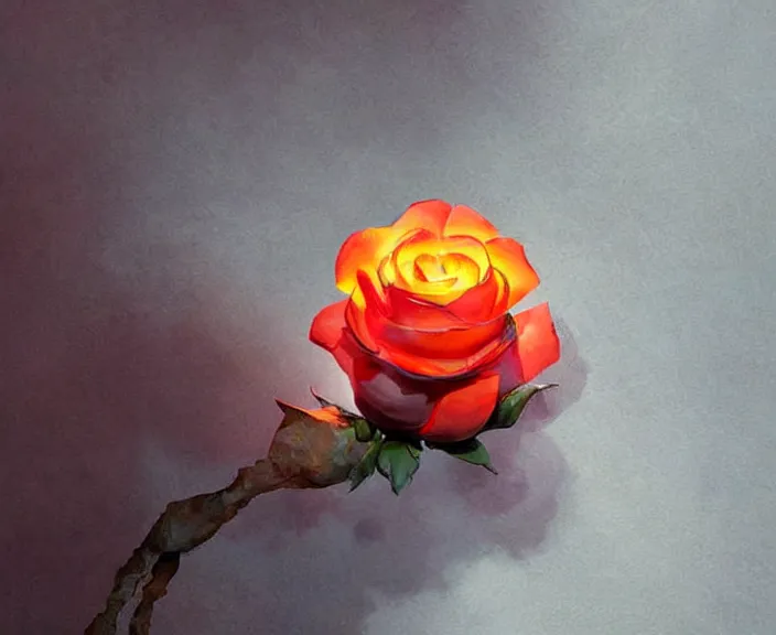 Prompt: a lava sculpture of a rose flower, digital art by studio ghibli and greg rutkowski, warm colors, beautiful, hyperrealism artstyle, amazing lighting