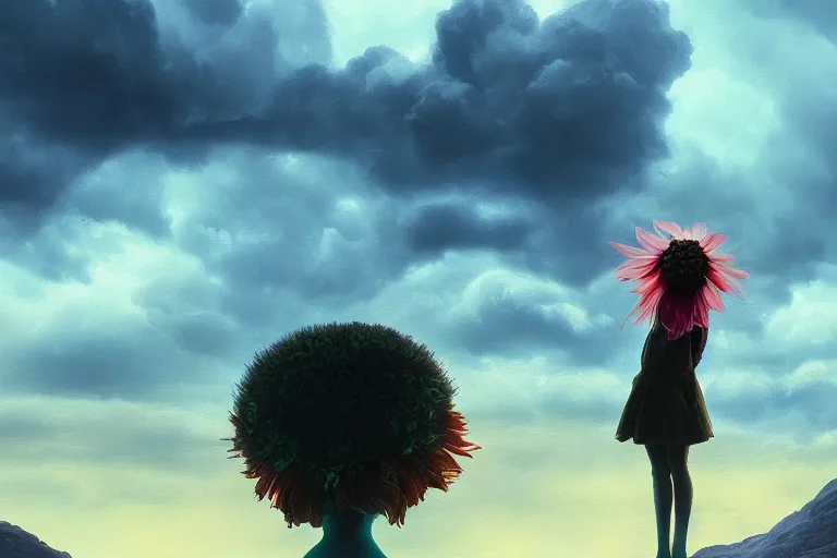 Image similar to closeup giant dahlia flower as head, girl standing on mountain, surreal photography, blue storm clouds, dramatic light, impressionist painting, digital painting, artstation, simon stalenhag