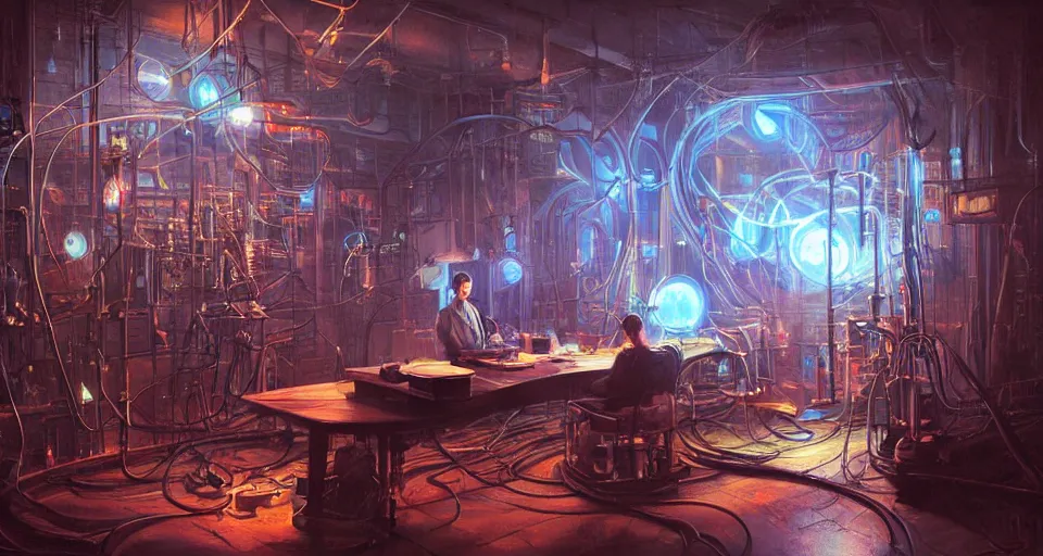 Image similar to nikolai tesla in his lab, electrical arcs, neon glow, highly detailed, digital art, intricate, dramatic lighting, steampunk, neon colors, cinematic, art by artgerm, greg rutkowski, beksinski