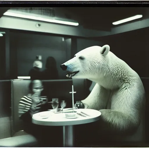 Image similar to a polar bear eating at a sushi restaurant, polaroid, flash photograph