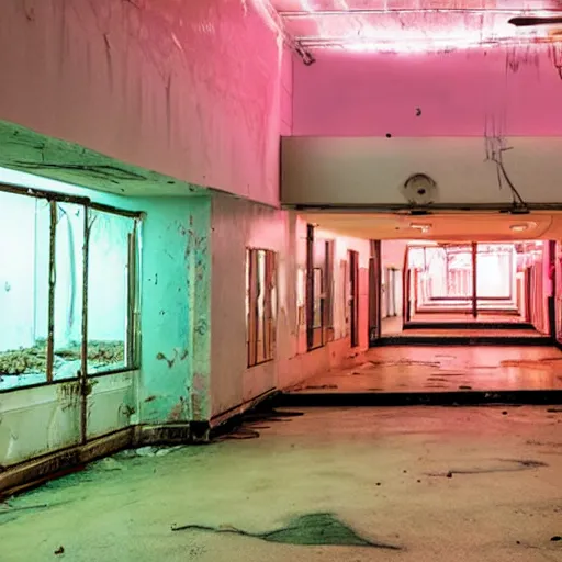 Image similar to backrooms abandoned mall, ominous neon lighting, moldy walls, shadowy tall figures wading in shallow water