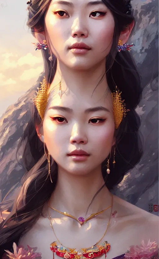 Image similar to a beautiful taiwan goddess with sundress with jewelry | | winter, realistic shaded, unpleasant face, good looking, fine details, realistic shaded lighting poster by greg rutkowski, magali villeneuve, artgerm, jeremy lipkin and michael garmash and macoto takahashi