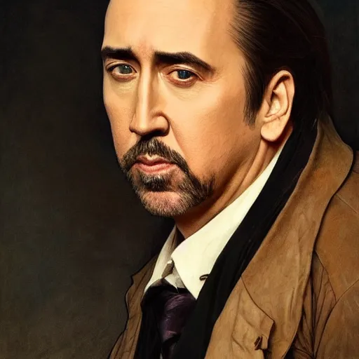 Image similar to Nicholas Cage, cinematic lighting, intricate, elegant, highly detailed, digital painting, artstation, smooth, sharp focus, illustration, art by artgerm and greg rutkowski and alphonse mucha and Wayne Barlowe and william-adolphe bouguereau