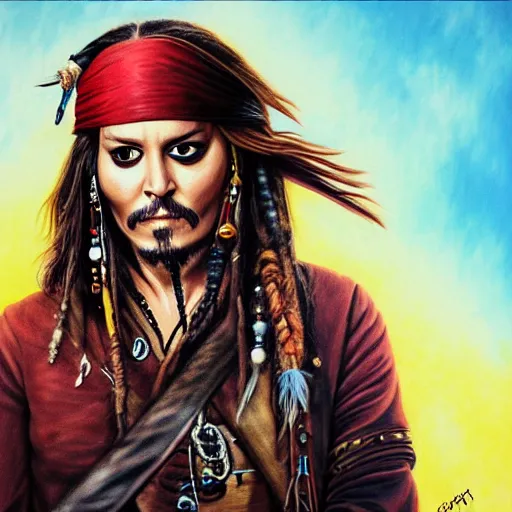 Image similar to portrait of johnny depp as captain jack sparrow, highly detailed, centered, solid color background, digital painting